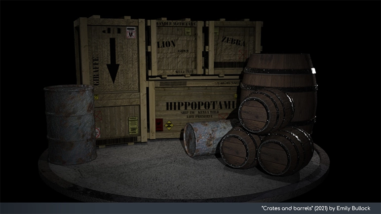 Overview image of crates, barrels and oil drums