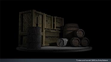 Close up image of crates, barrels and oil drums