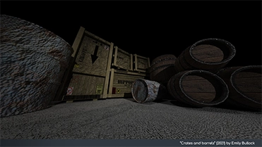 Skewed image of crates, barrels and oil drums