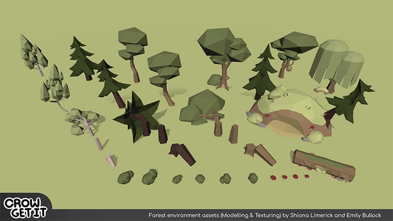 Image of environmental assets designed for a forest scene from Crow Get It