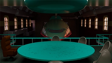 Image of the Planet Express spaceship in the landing bay from the view of the meeting room table