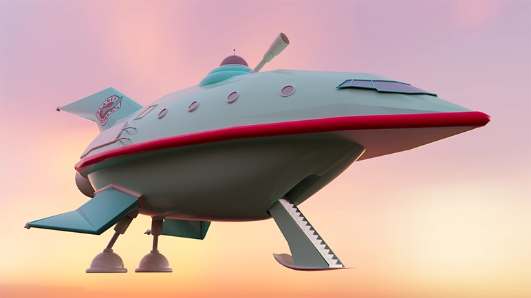 Image of the Planet Express spaceship with landing-gear down