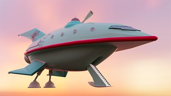 Textured, rendered model of the
                                    Futurama rocket ship with landing gear
                                    out floating in front of a sunset.